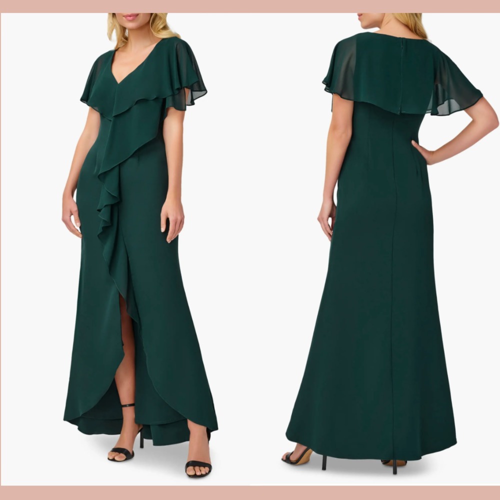NEW $199 Adrianna Papell [ 4 ] Chiffon Overlay‎ Crepe Mermaid Gown Hunter Green